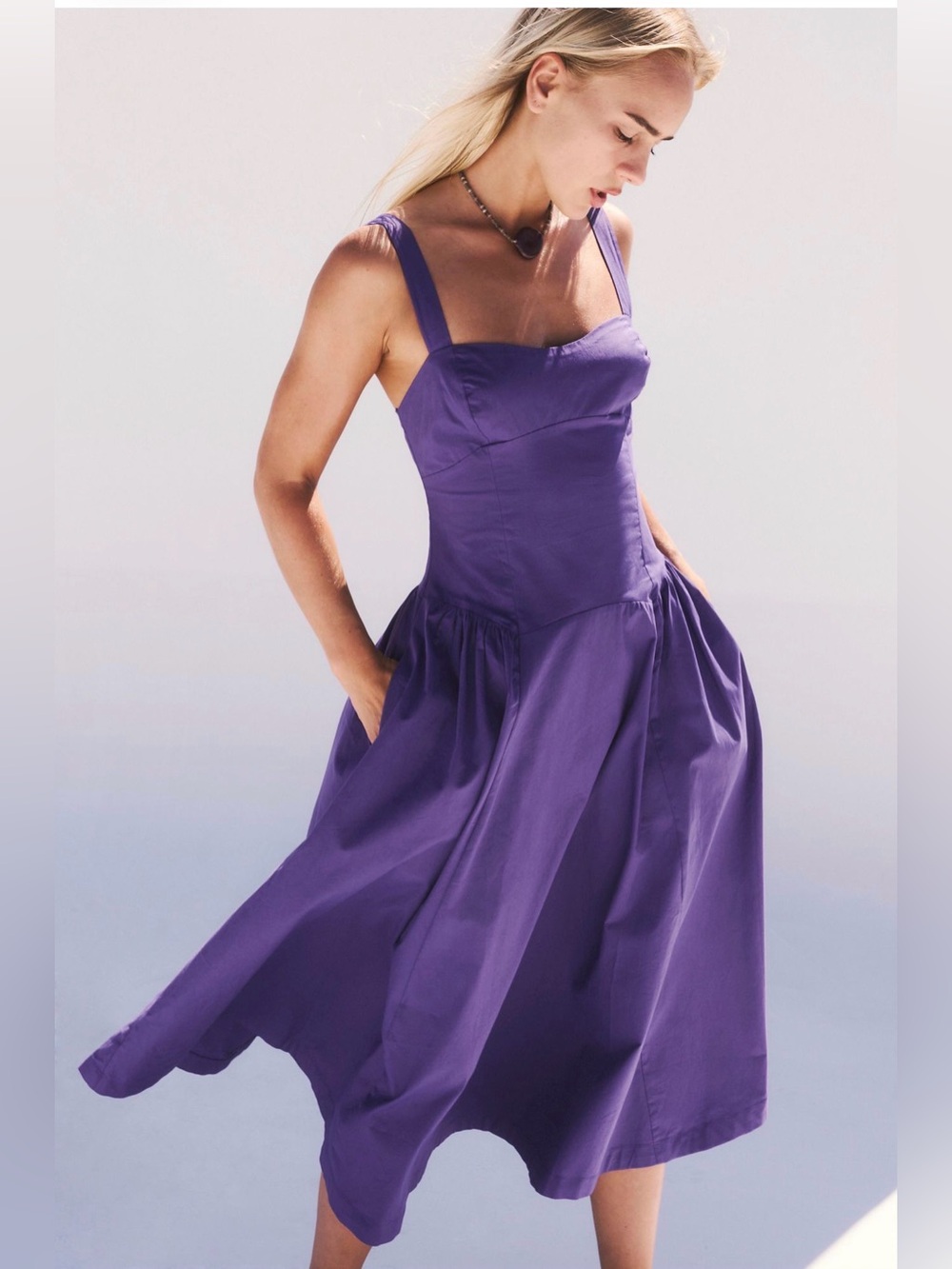 Free People Midi Dress Paolo Purple Cotton Sweetheart Neck Full Skirt sz xSmall